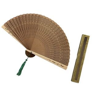 Elegant Wood Hand Fan with Green Tassel